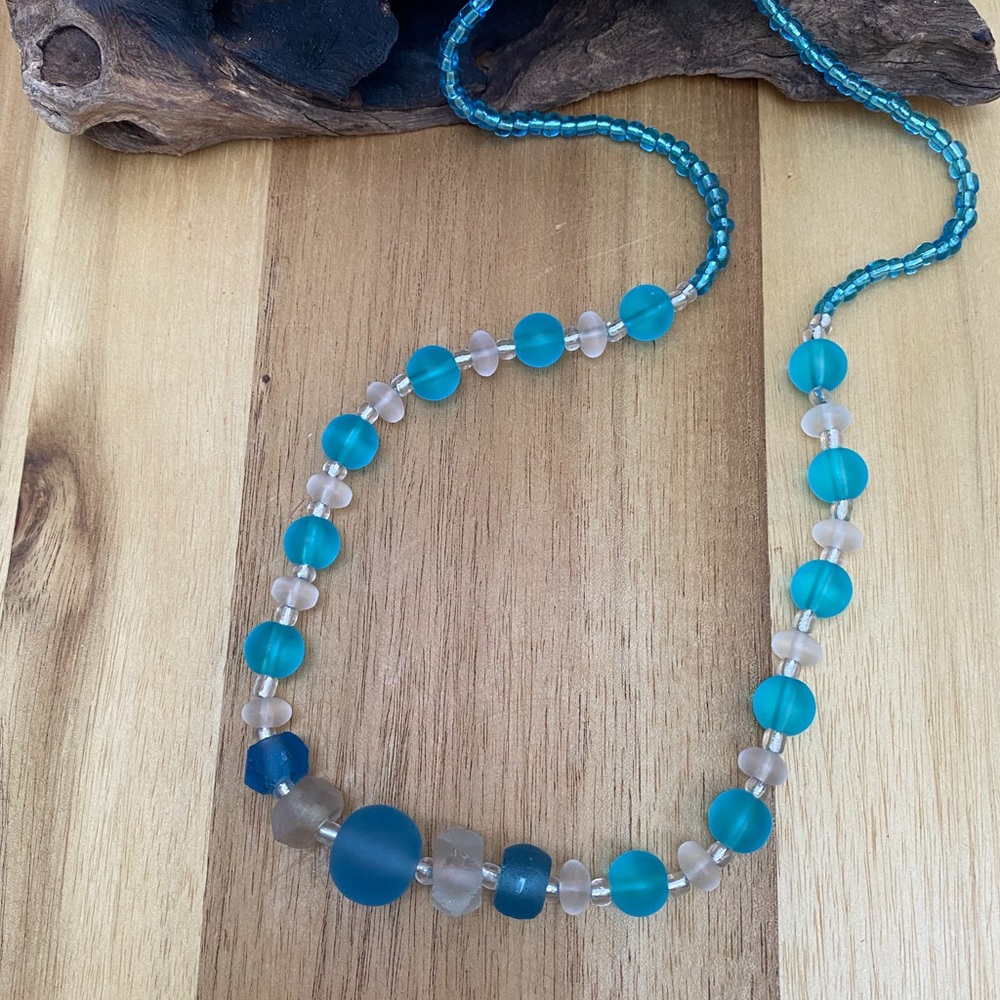 Artisan Hand Crafted Women’s Blue and White Beach Sea Glass Bead Necklace